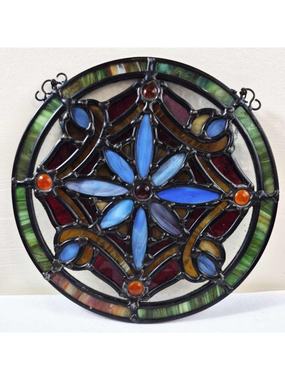 Round Stained Glass Panel Floral Design Hanging Chain Multicolor Suncatcher